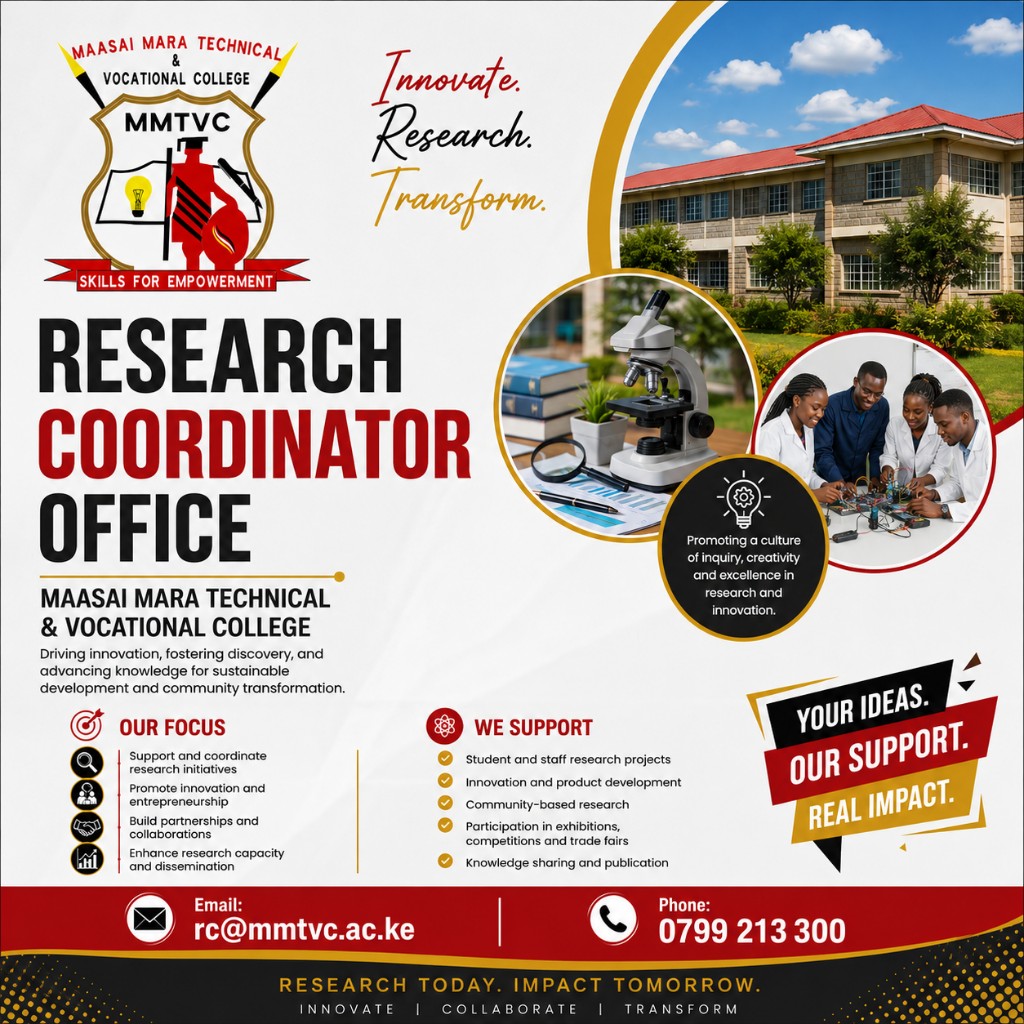 MMTVC Research Coordinator Office poster featuring campus research themes, focus areas and contact details
