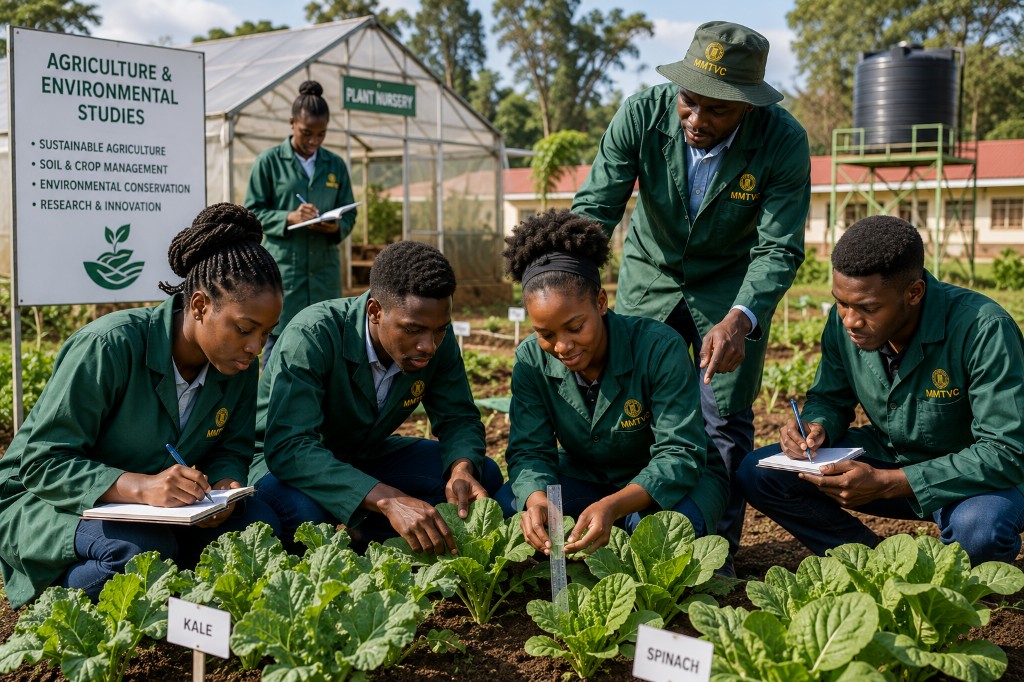 MMTVC Agriculture students and instructor examining crop plots beside the plant nursery