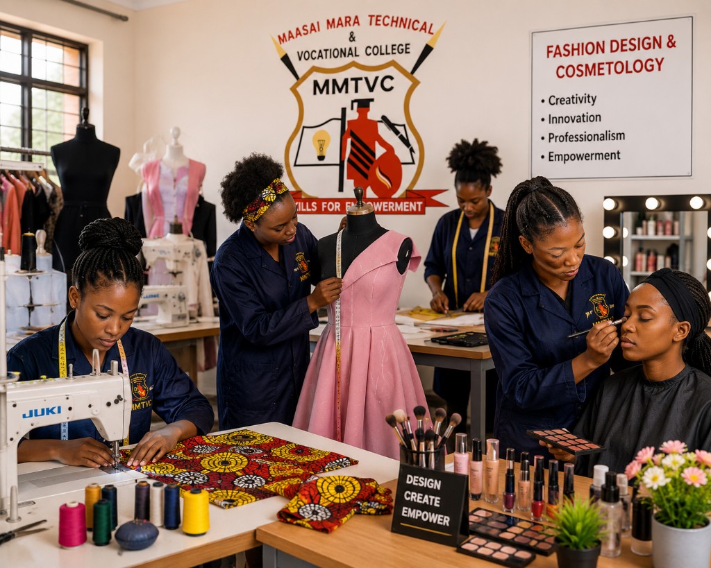 MMTVC Fashion Design and Cosmetology students practising sewing and makeup in the creative workshop