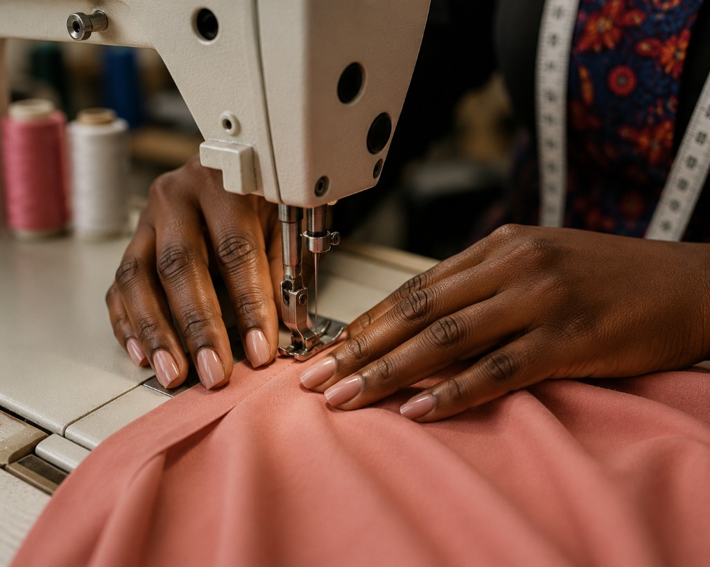 Hands guiding fabric through an industrial sewing machine during garment construction