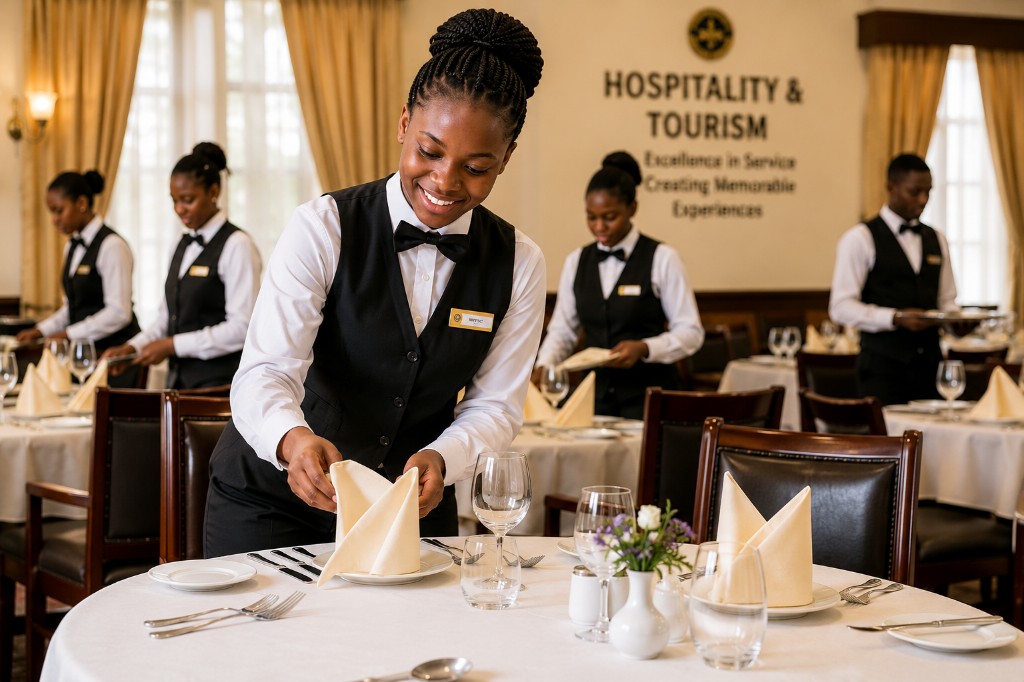 MMTVC Hospitality students in professional uniforms setting up the training restaurant for fine dining service