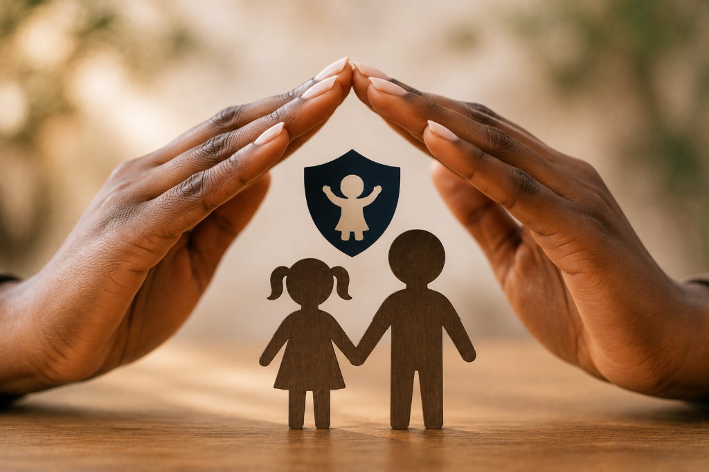 Symbolic image of child protection: hands forming a shelter over child figures and a shield