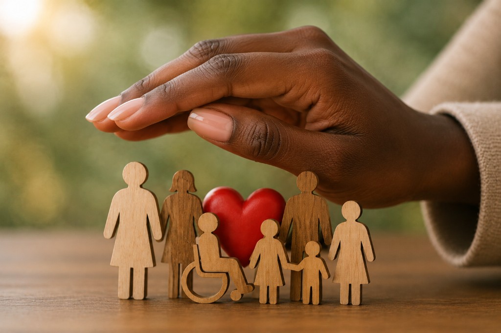 Symbolic image of community care: a protective hand over diverse family silhouettes